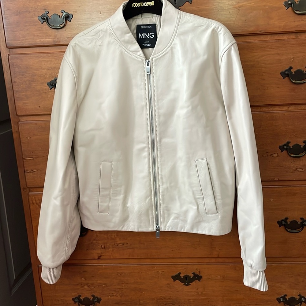 Leather Cream Bomber Jacket